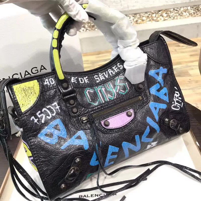 BALENCIAG巴黎世家 Balenciaga city 機車包 限量 原廠爆裂紋羊皮 塗鴉字母 手提肩背斜挎包  BL1696